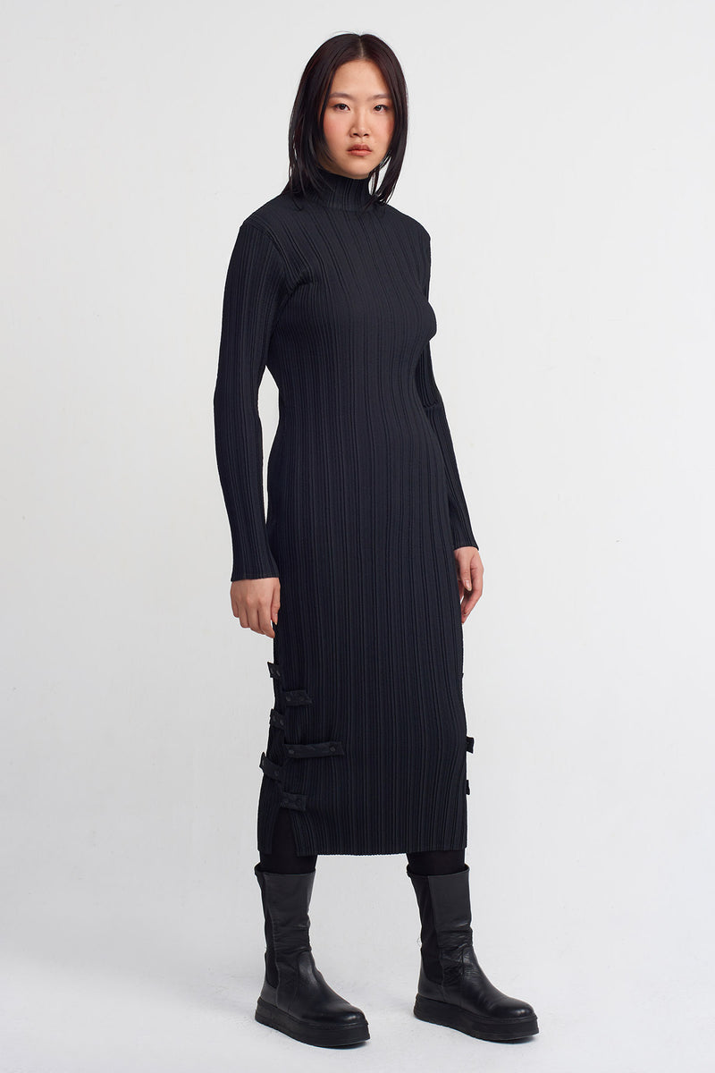 NU Snap Detail Pleated Midi Dress Black