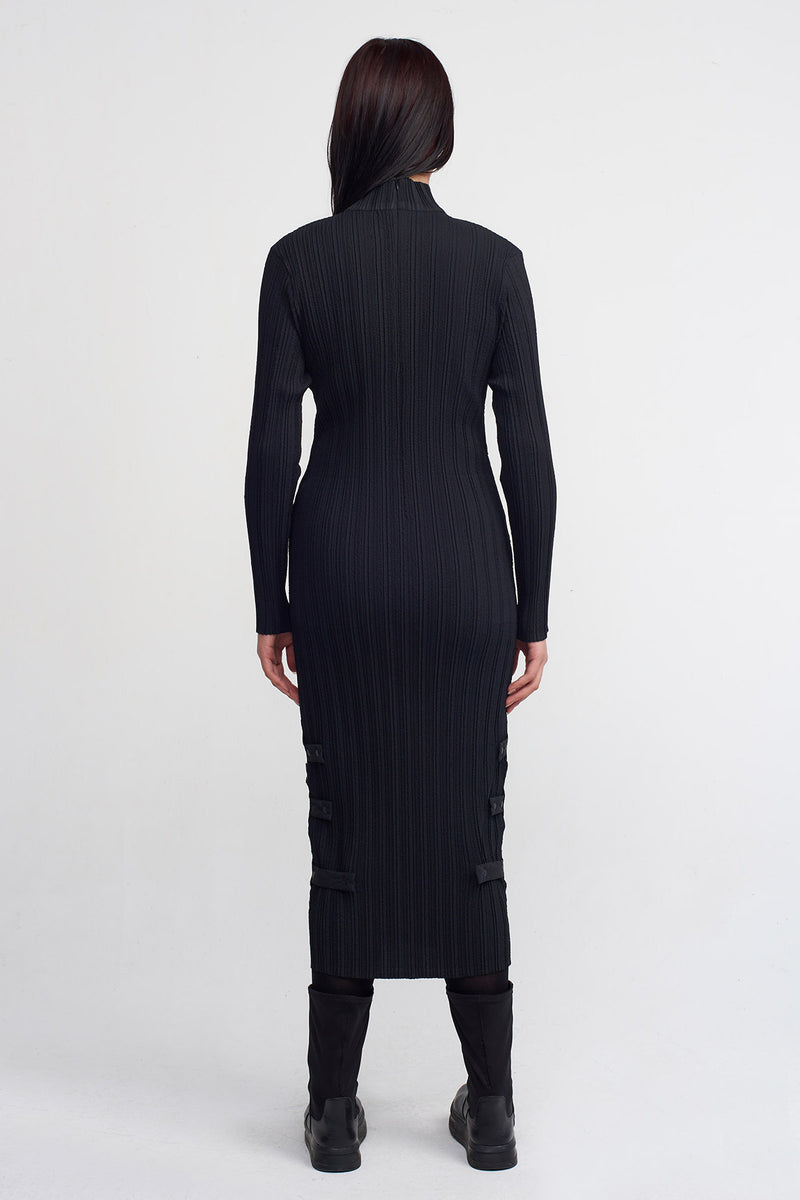 NU Snap Detail Pleated Midi Dress Black