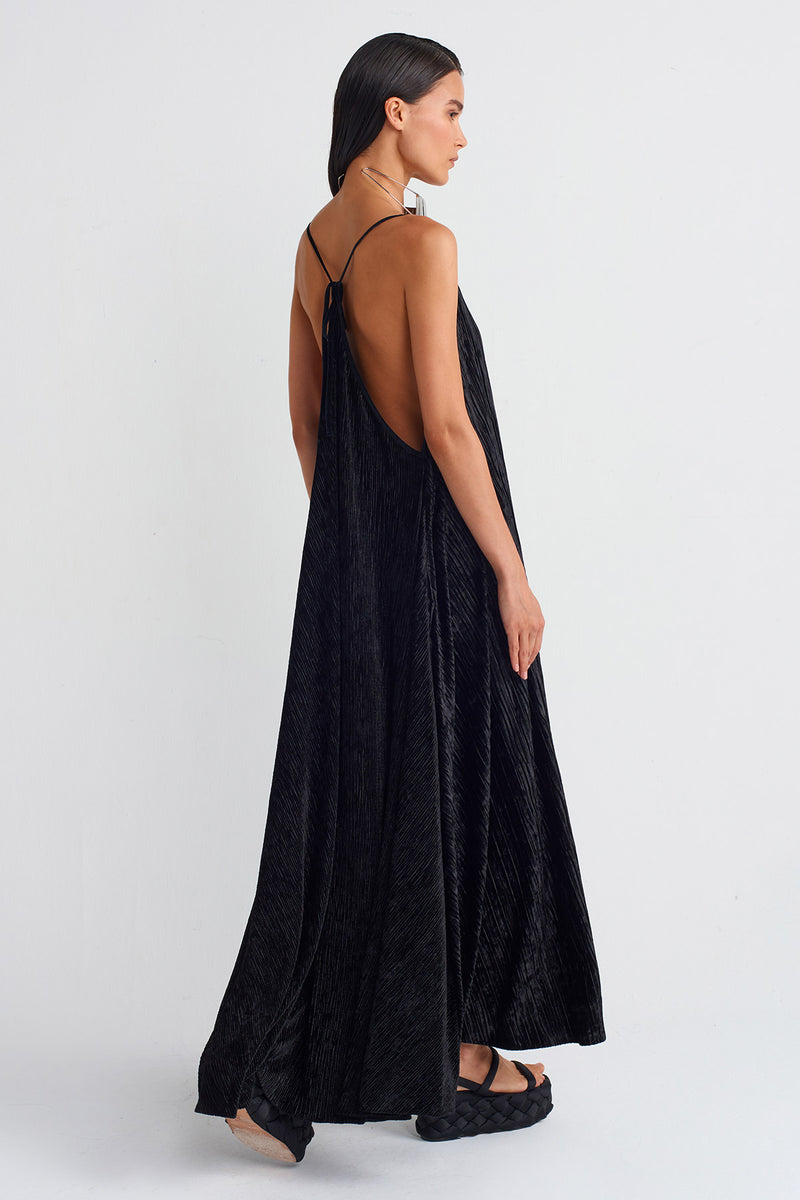 NU Thin Strapped Pleated Velvet Dress Black