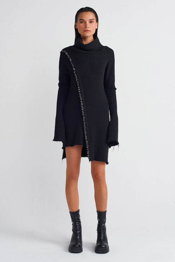 NU Contrast Stitched Long Sleeve Knit Dress Black
