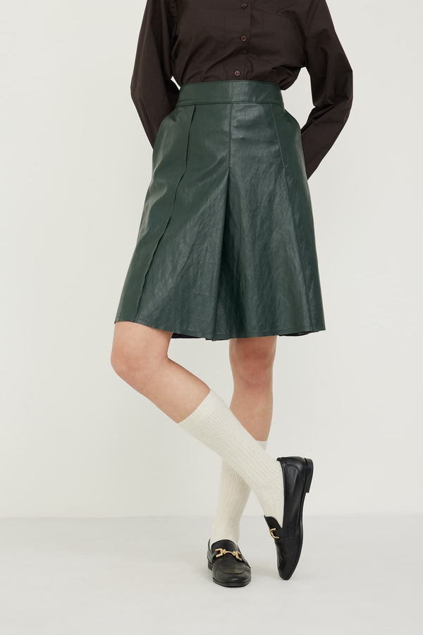 Roman Leather Pleated Skirt Green