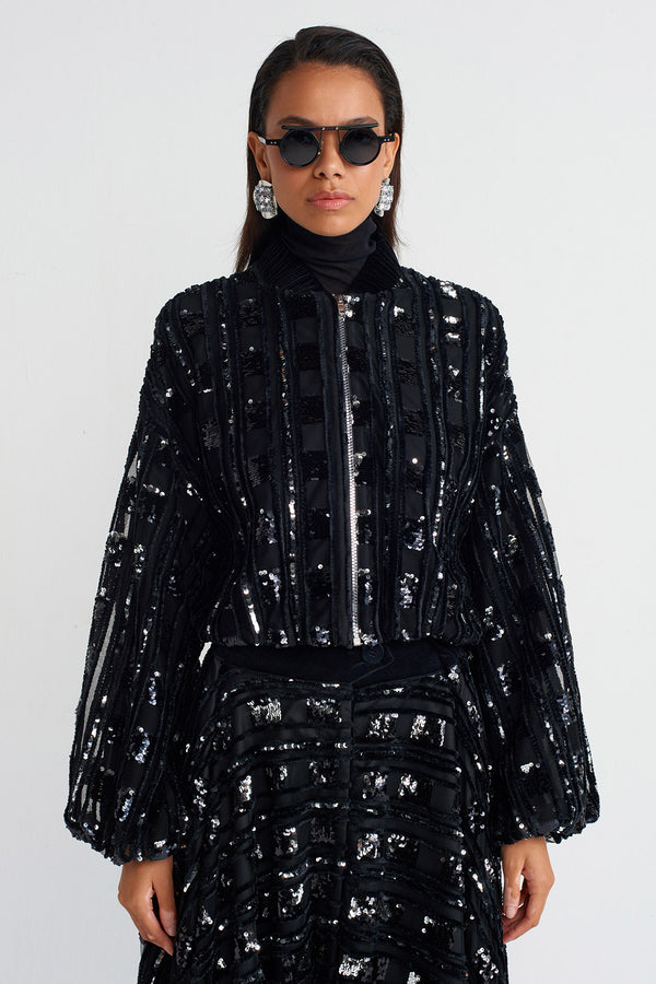 NU Tulle Overlay Velvet Embroidered Chic Jacket Black