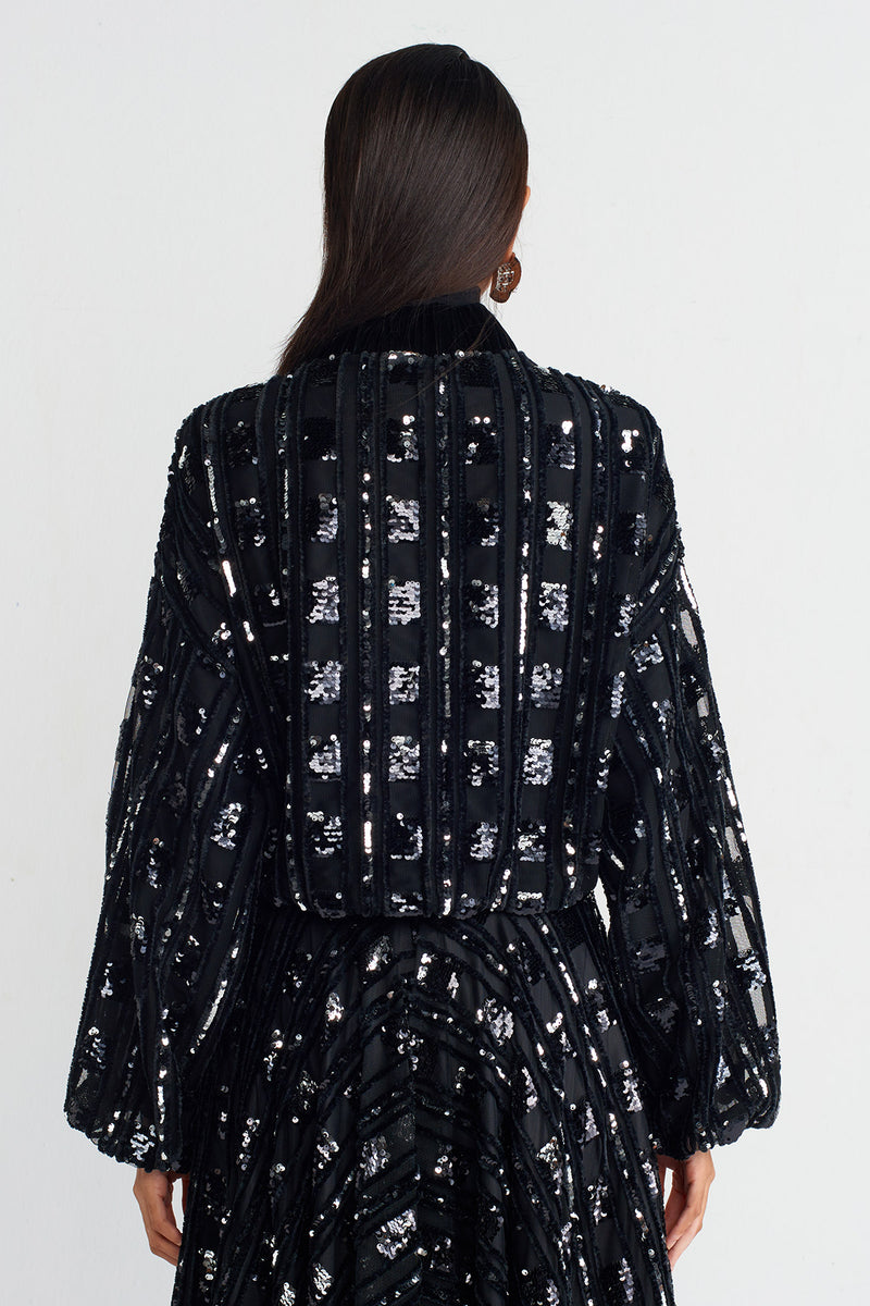 NU Tulle Overlay Velvet Embroidered Chic Jacket Black