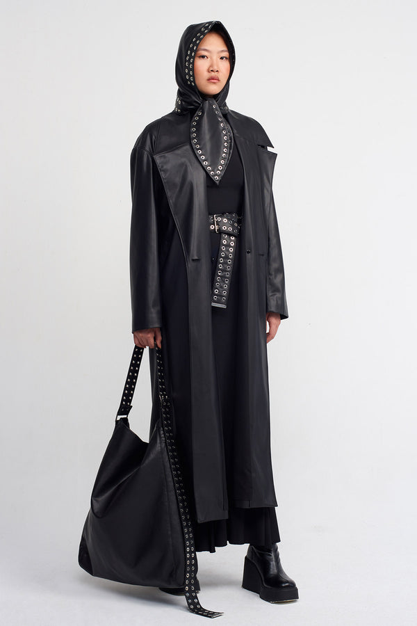NU Vegan Leather Long Coat Black