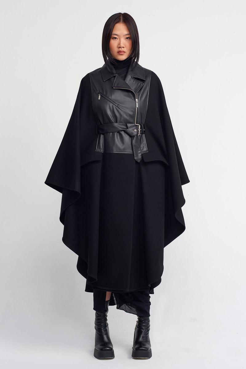 Nu Leather Detail Cape Coat Black