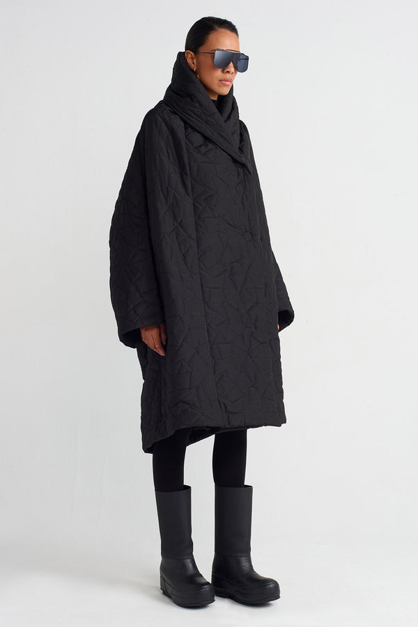 Nu Irregular Quilted High Neck Coat Black