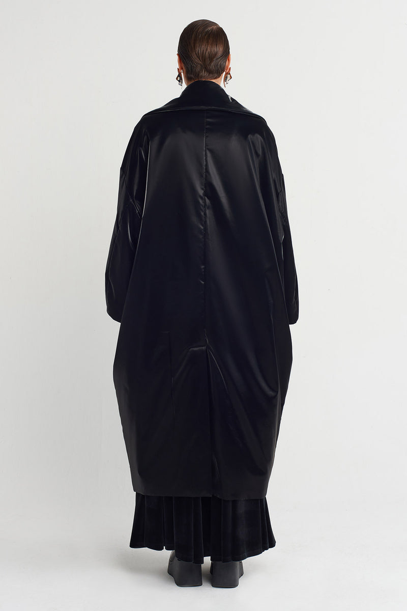 Nu Shiny Fabric Long Coat Black