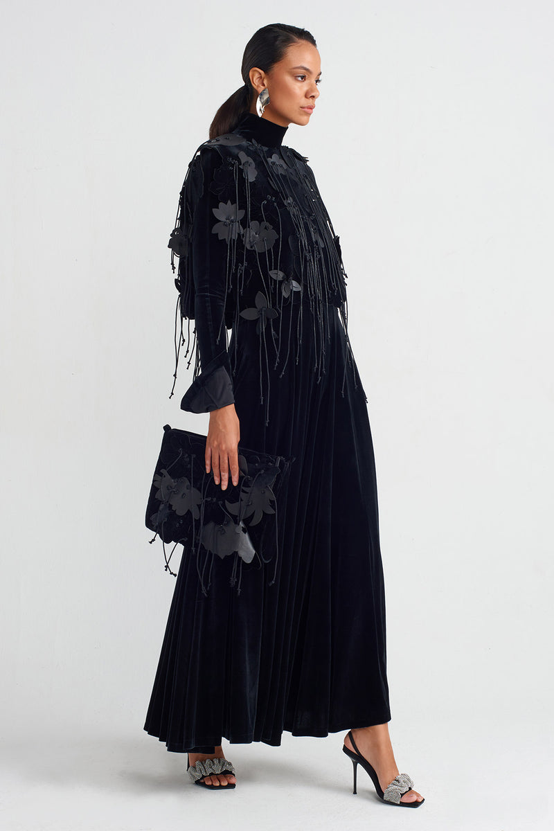 NU Velvet Leather Flower Motif Ball Black