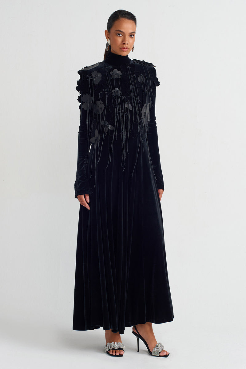 NU Velvet Leather Flower Motif Ball Black