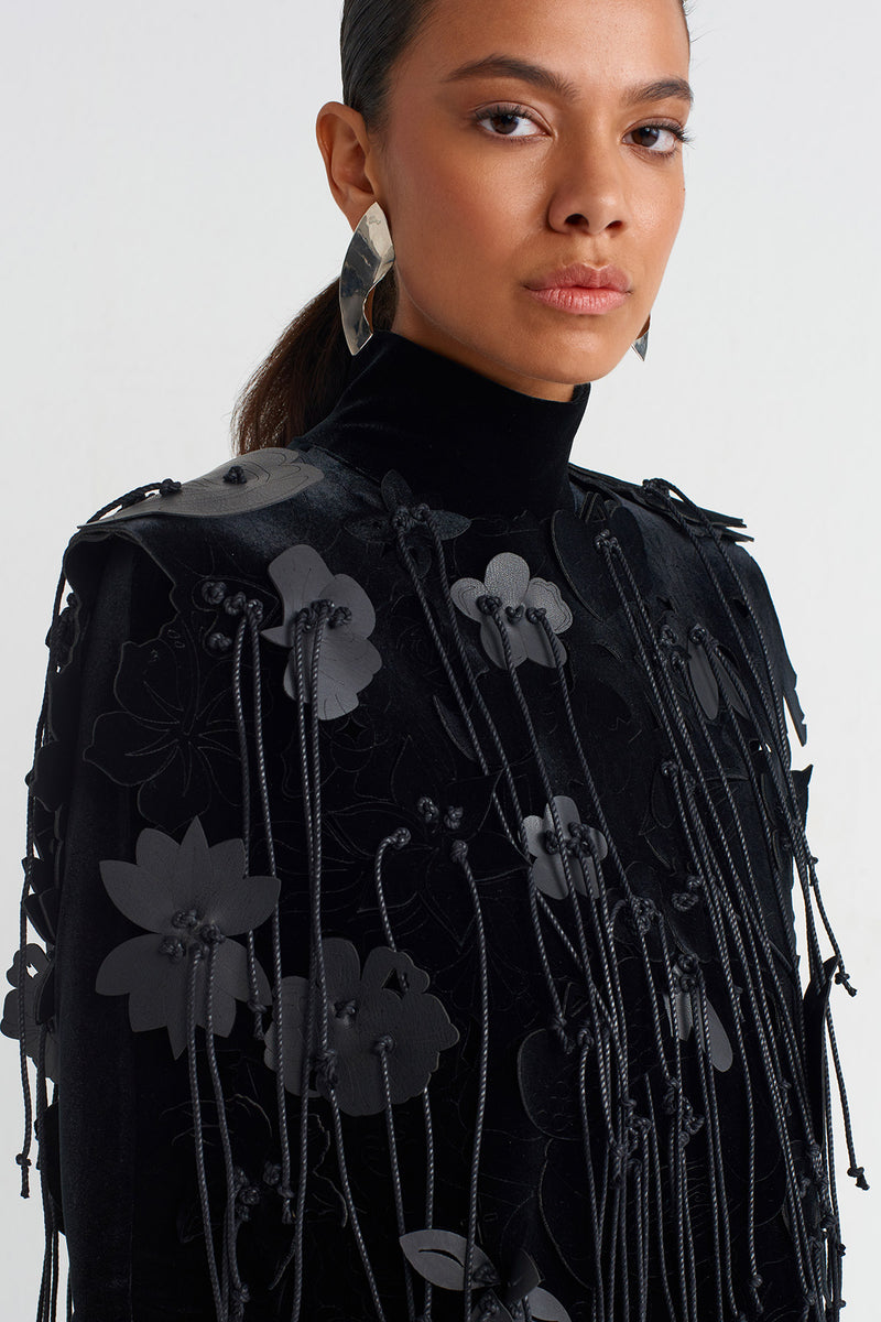 NU Velvet Leather Flower Motif Ball Black