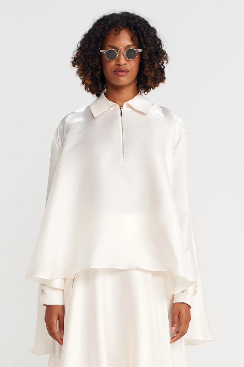 NU Zippered Shirt Collar Loose Blouse Ecru