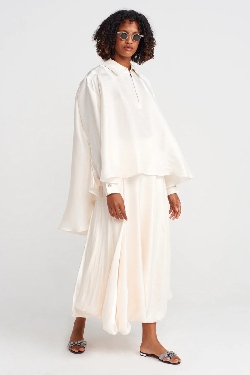 NU Zippered Shirt Collar Loose Blouse Ecru