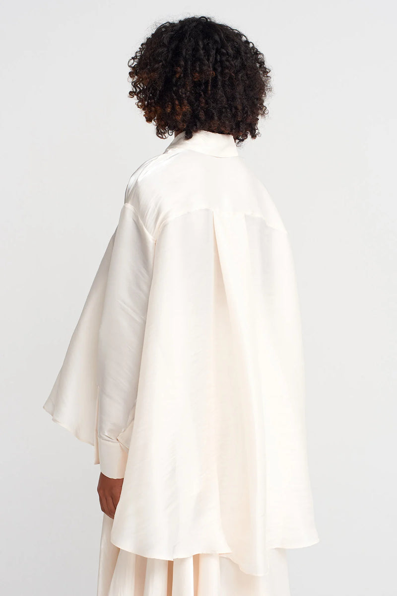 NU Zippered Shirt Collar Loose Blouse Ecru