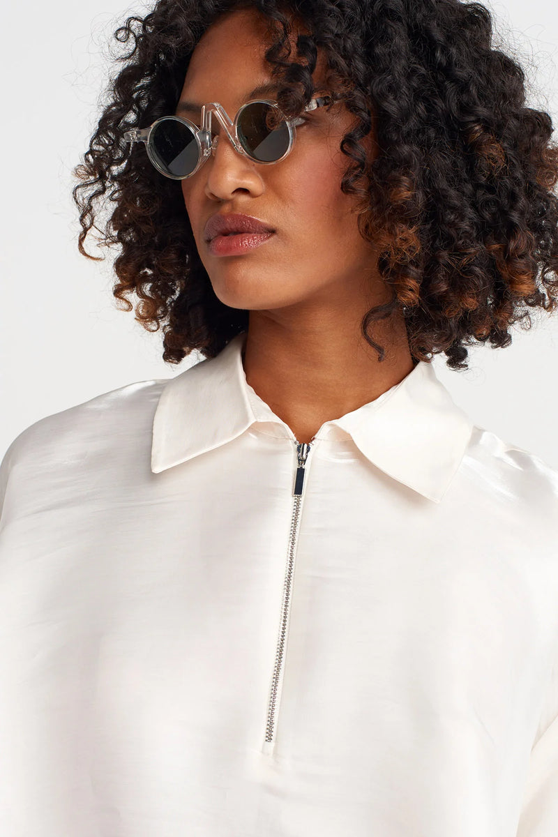 NU Zippered Shirt Collar Loose Blouse Ecru