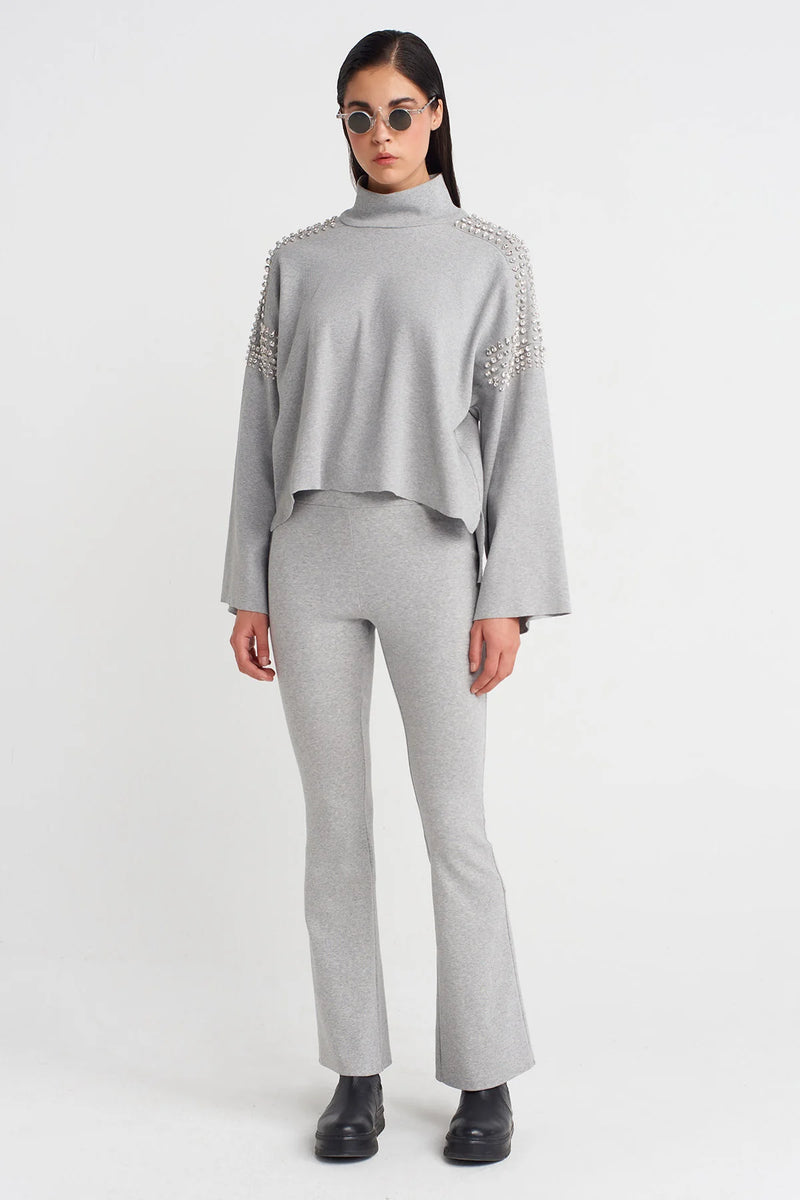NU Ribbed Sweater With Embellished Shoulders Light Grey Melange