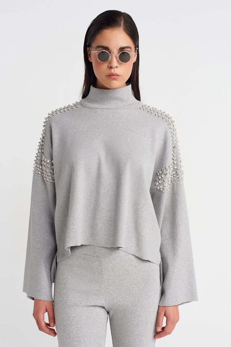 NU Ribbed Sweater With Embellished Shoulders Light Grey Melange