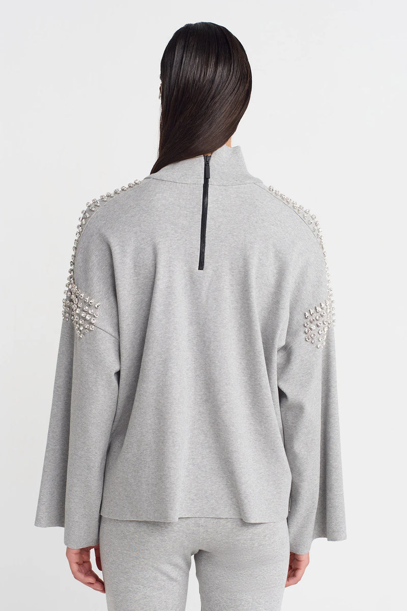NU Ribbed Sweater With Embellished Shoulders Light Grey Melange