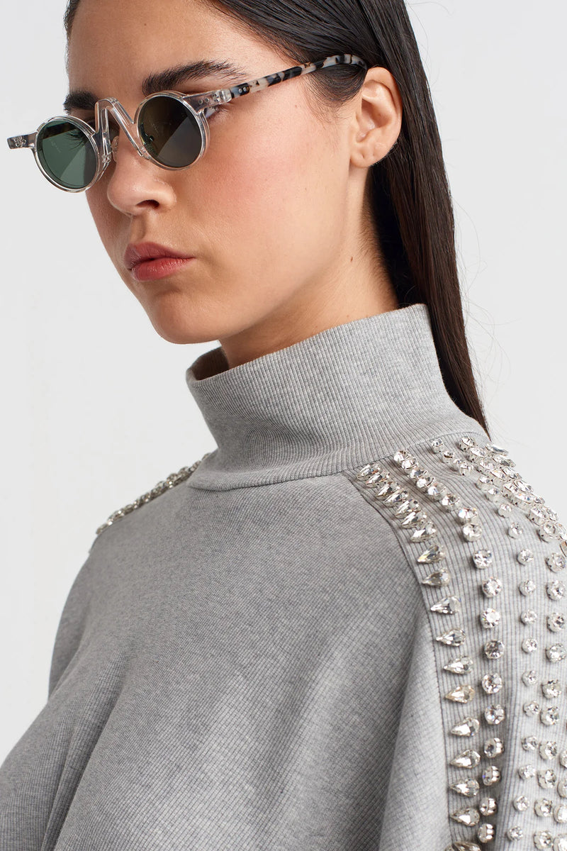 NU Ribbed Sweater With Embellished Shoulders Light Grey Melange