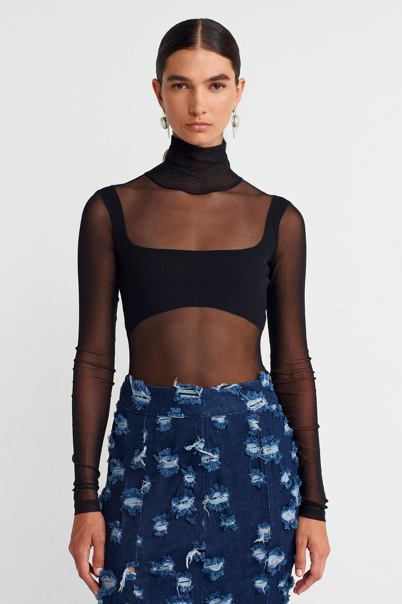 NU Sheer Bodysuit With Inner Bustier  Black