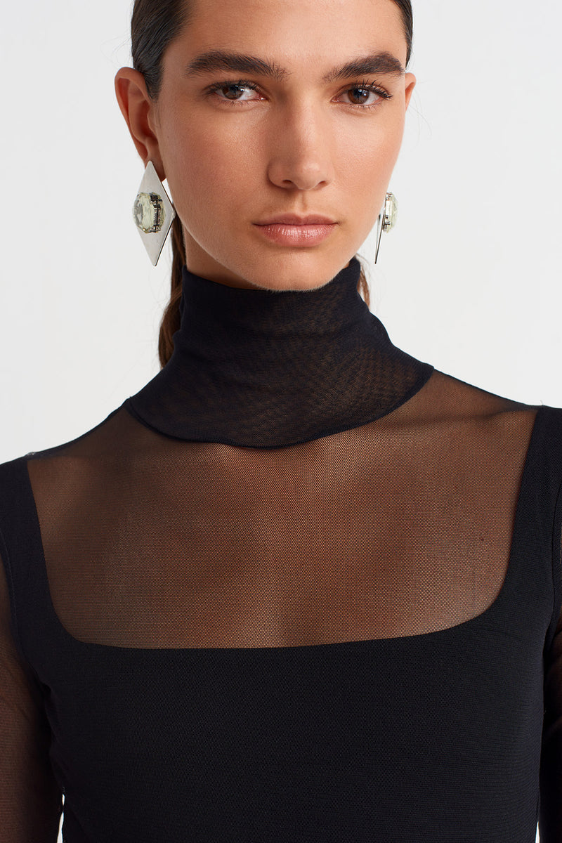 NU Sheer Bodysuit With Inner Bustier  Black