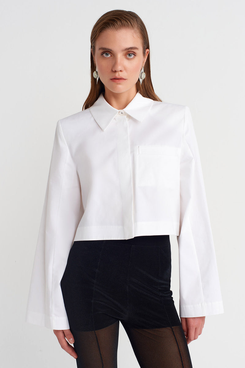 NU Cropped Shirt With Buttoned Sleeves And Pocket Detail Off White
