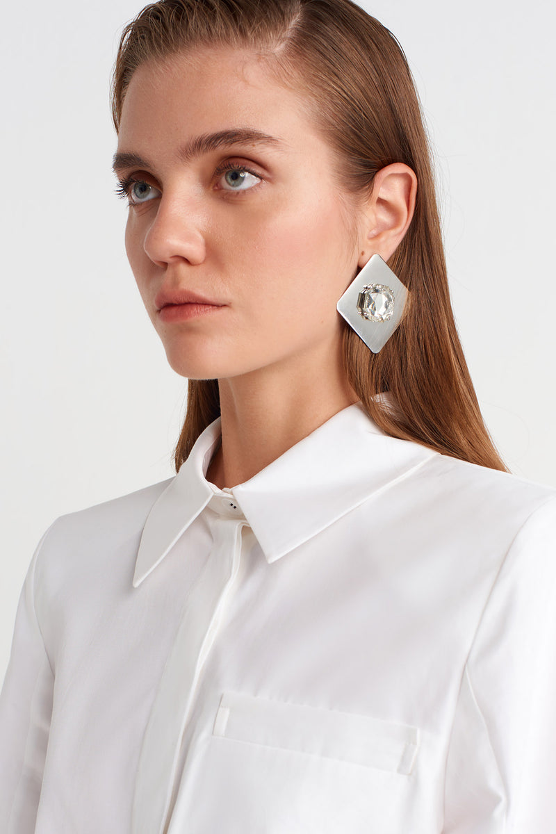 NU Cropped Shirt With Buttoned Sleeves And Pocket Detail Off White