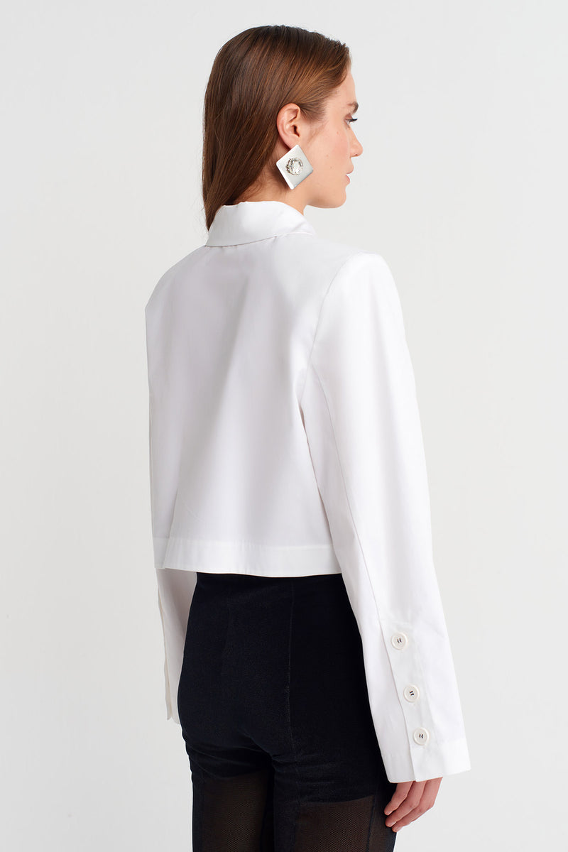 NU Cropped Shirt With Buttoned Sleeves And Pocket Detail Off White