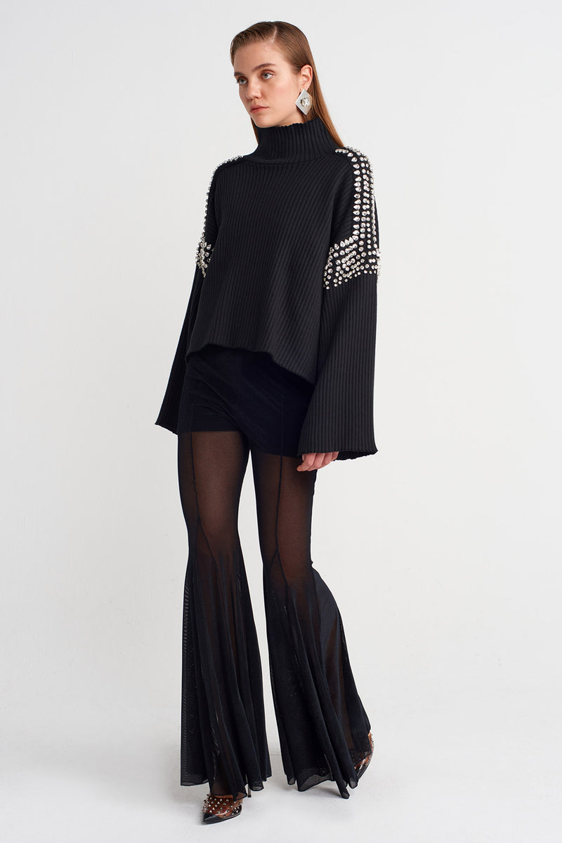 NU Knit Sweater With Stone Embellished Shoulders And Sleeves Black