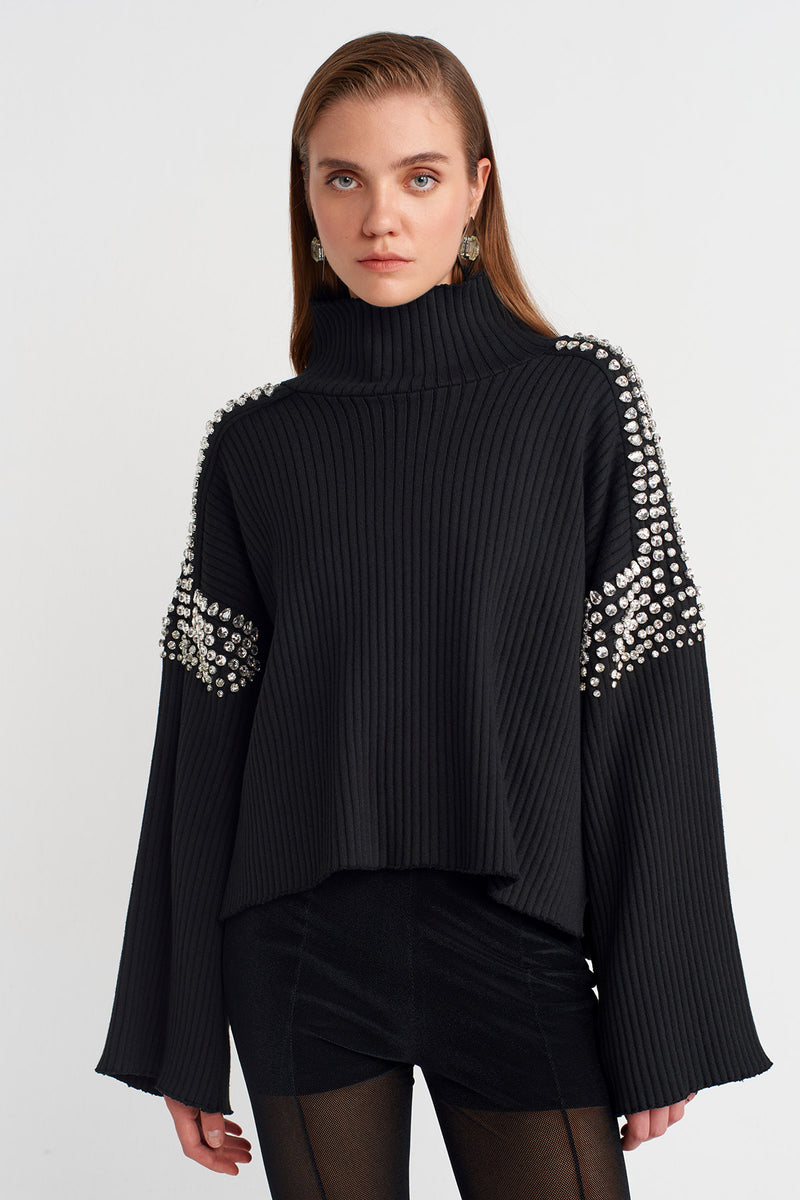 NU Knit Sweater With Stone Embellished Shoulders And Sleeves Black