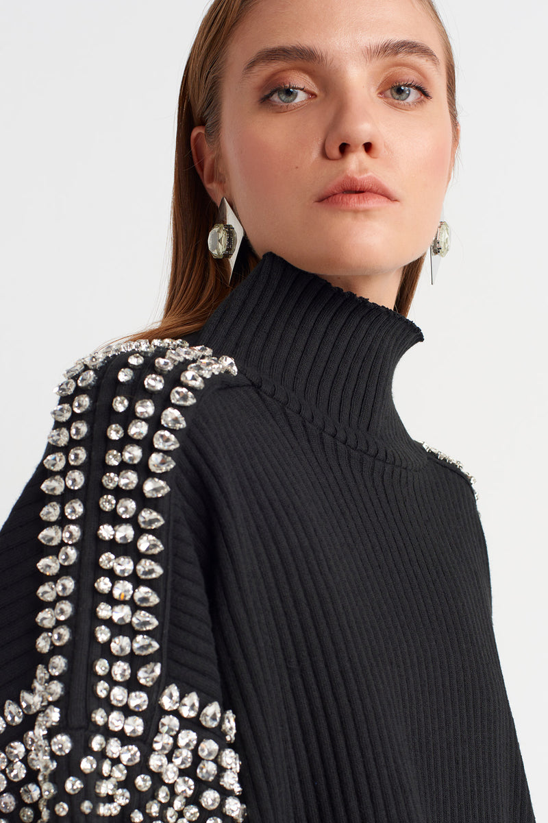 NU Knit Sweater With Stone Embellished Shoulders And Sleeves Black