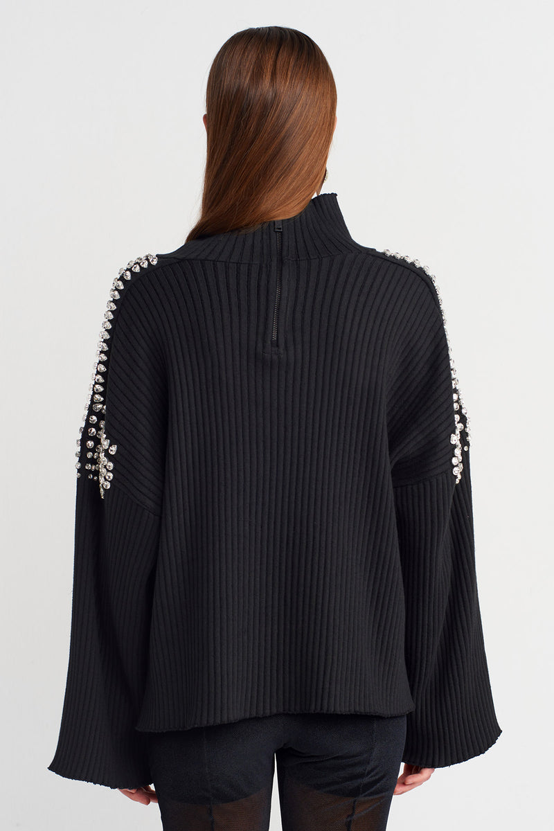NU Knit Sweater With Stone Embellished Shoulders And Sleeves Black