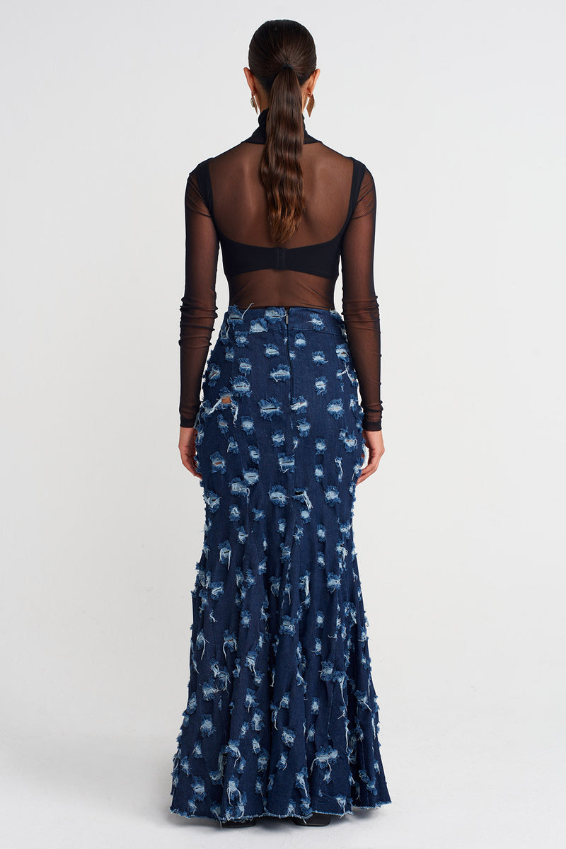 NU Distressed Mermaid-Cut Denim Skirt  Indigo