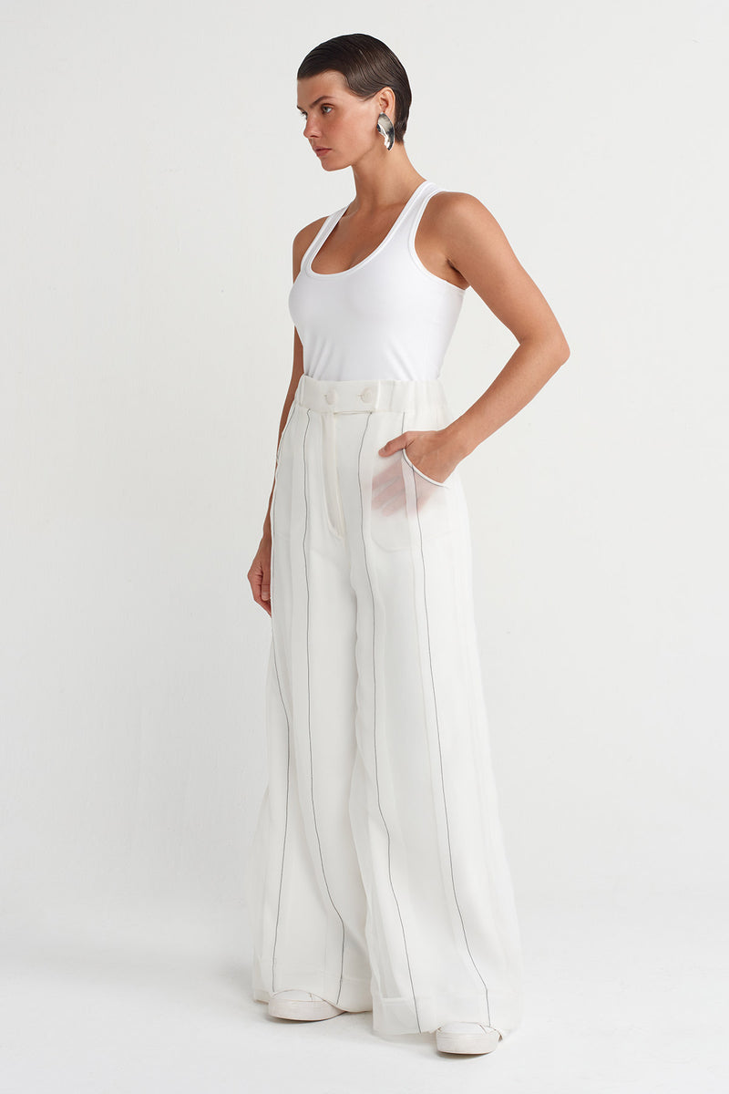 NU Contrast Stitch Organza Trousers Off White