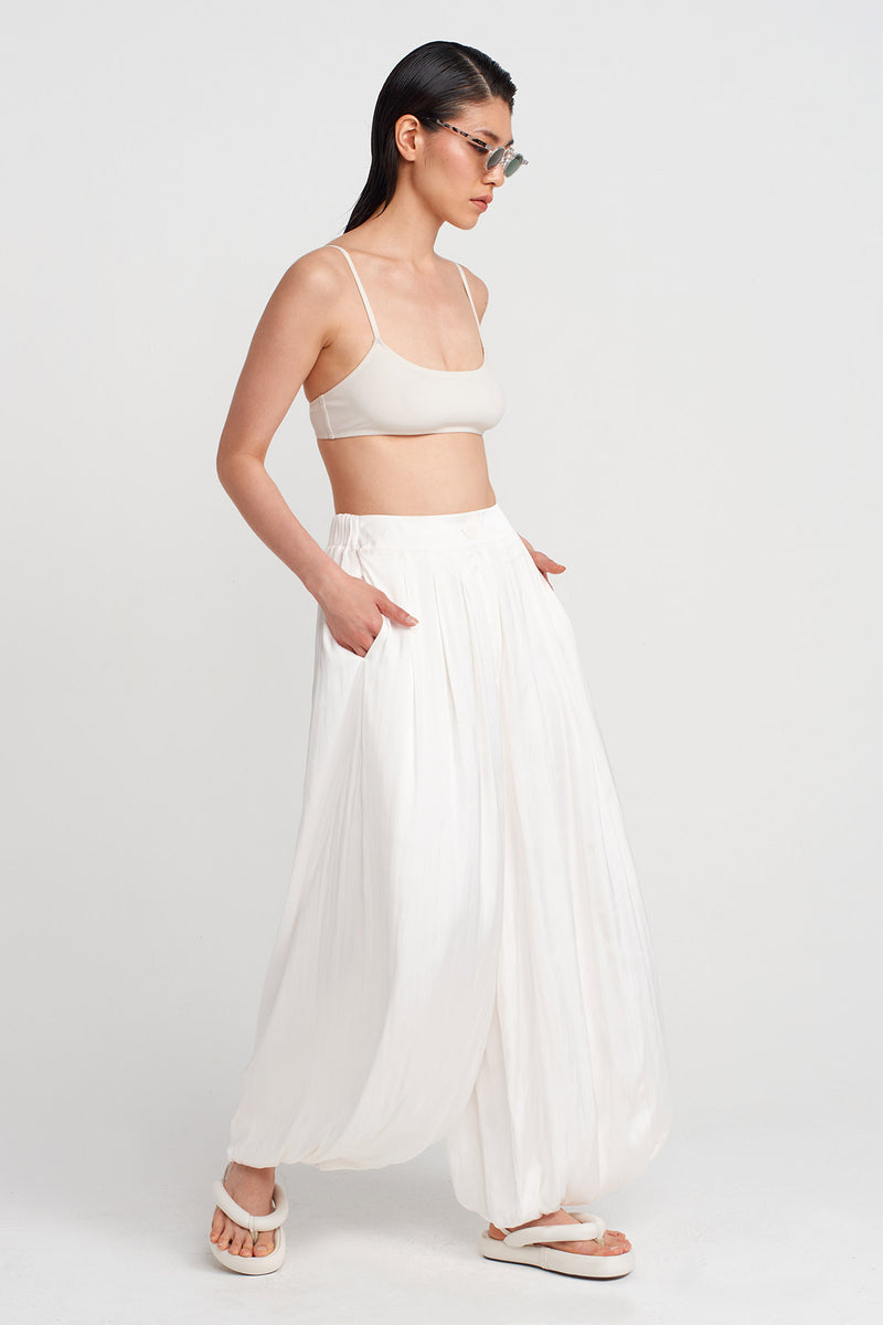 NU Elegant Satin Trousers With Balloon Hems Off White