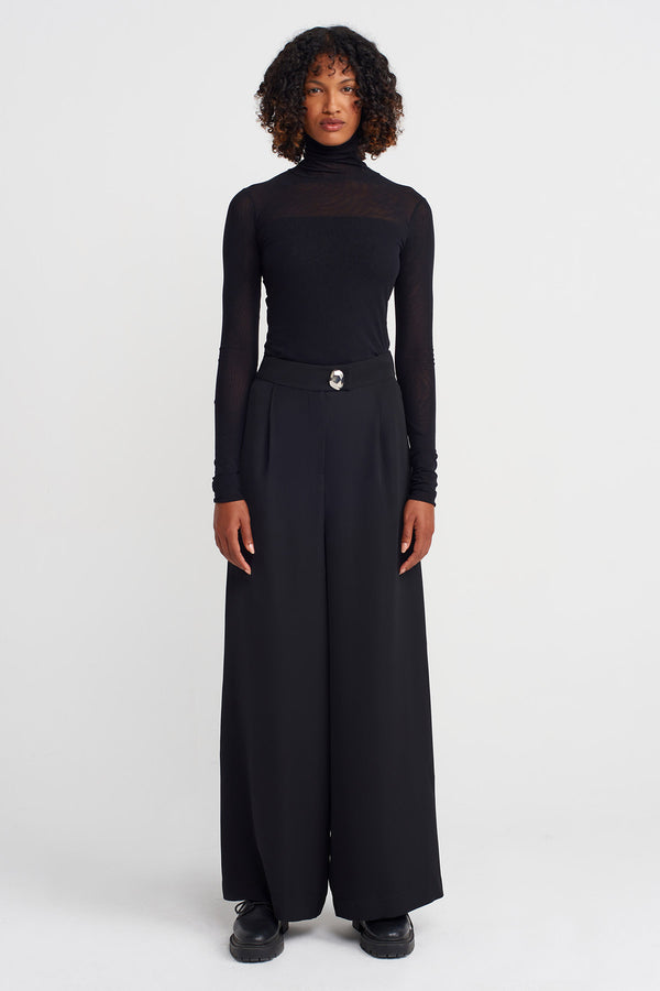 NU High-Waisted Silver Button Palazzo Trousers Black