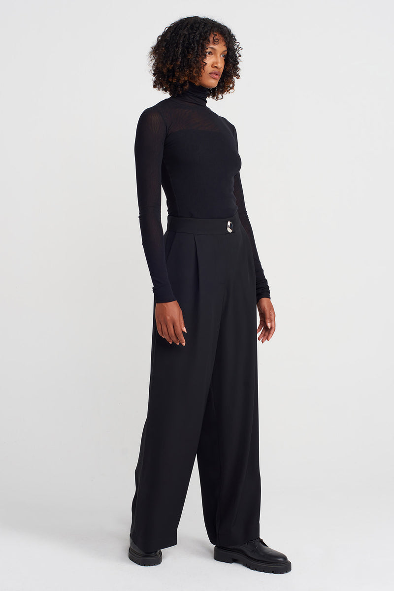 NU High-Waisted Silver Button Palazzo Trousers Black