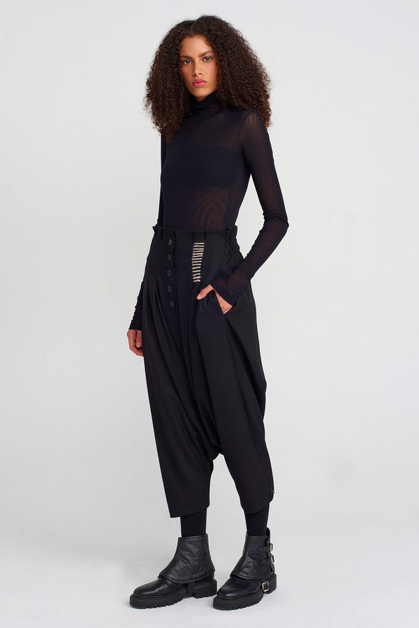 NU Stitch Detail Buttoned Harem Pants Black