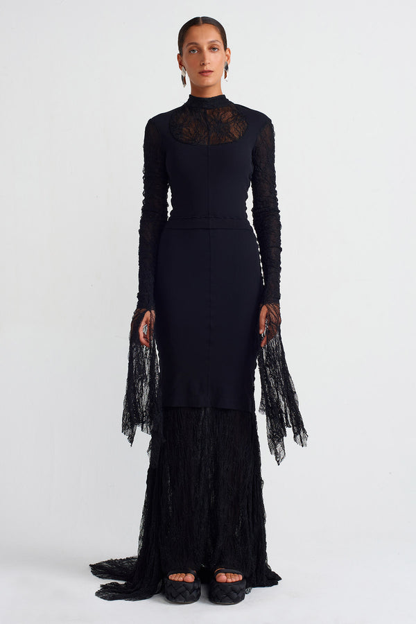 NU Elegant Lace Dress With Back Cut-Out Black