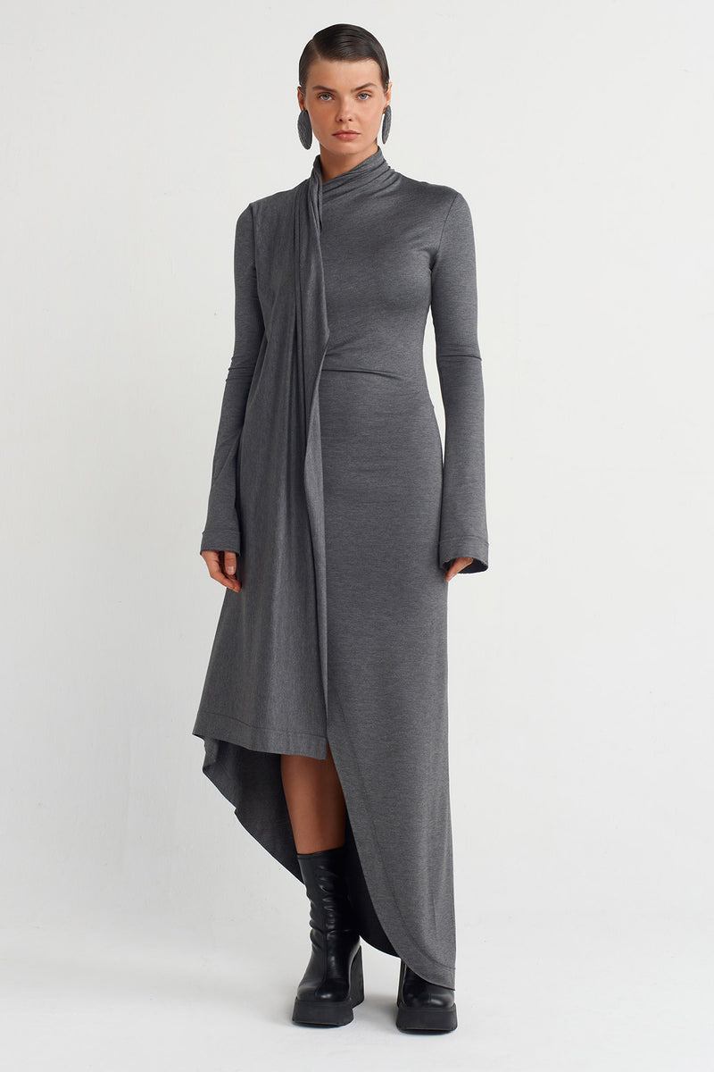 NU Collar Detailed Asymmetrical Dress Dark Grey Melange