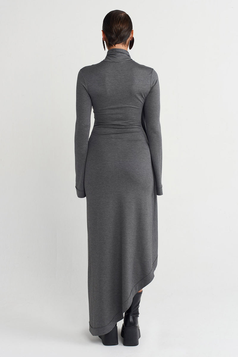 NU Collar Detailed Asymmetrical Dress Dark Grey Melange