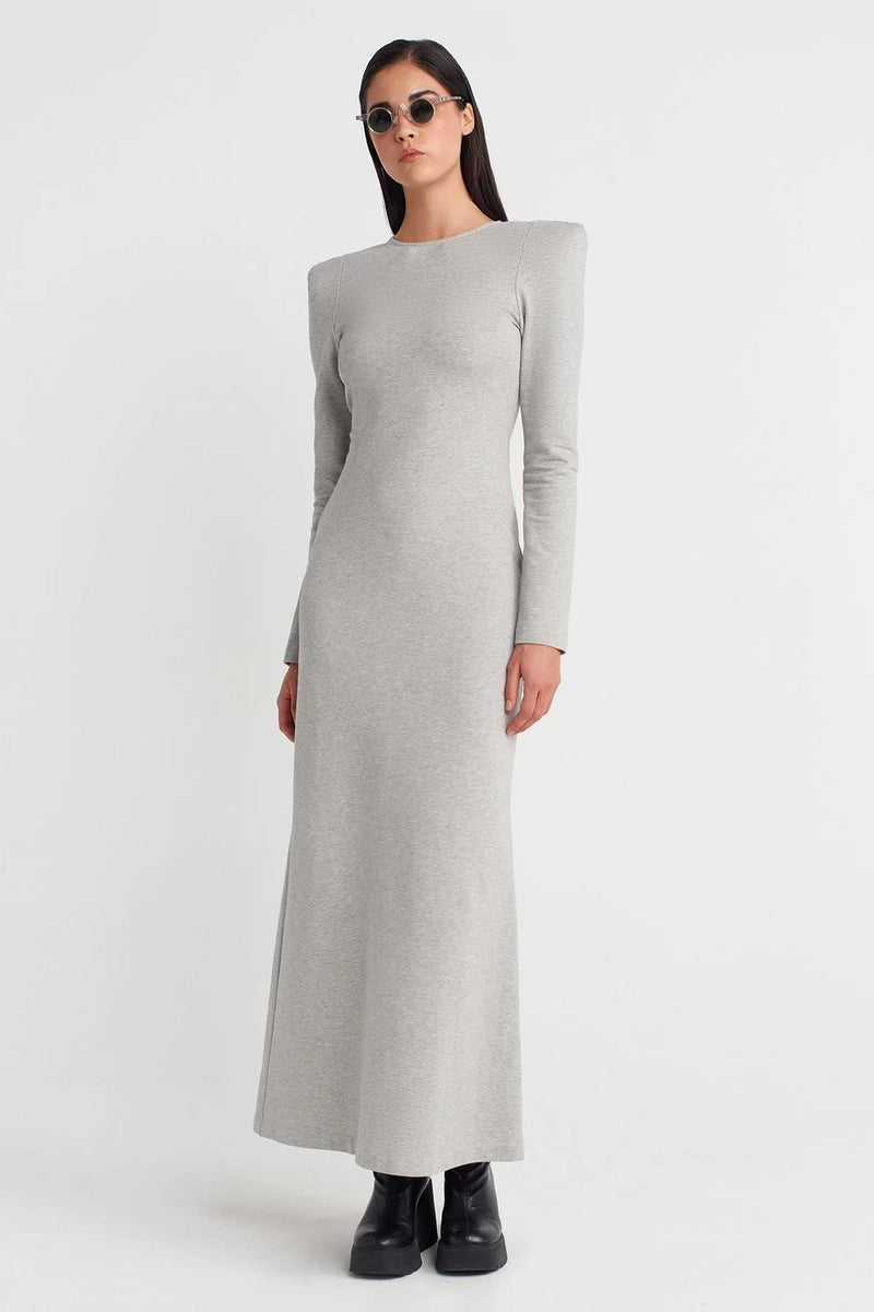 NU Long Fitted Dress With Shoulder Pads And Back Cut-Out Light Grey Melange