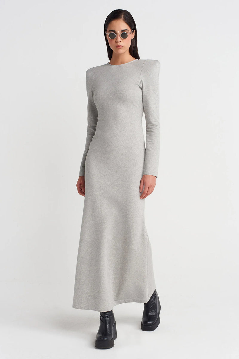 NU Long Fitted Dress With Shoulder Pads And Back Cut-Out Light Grey Melange