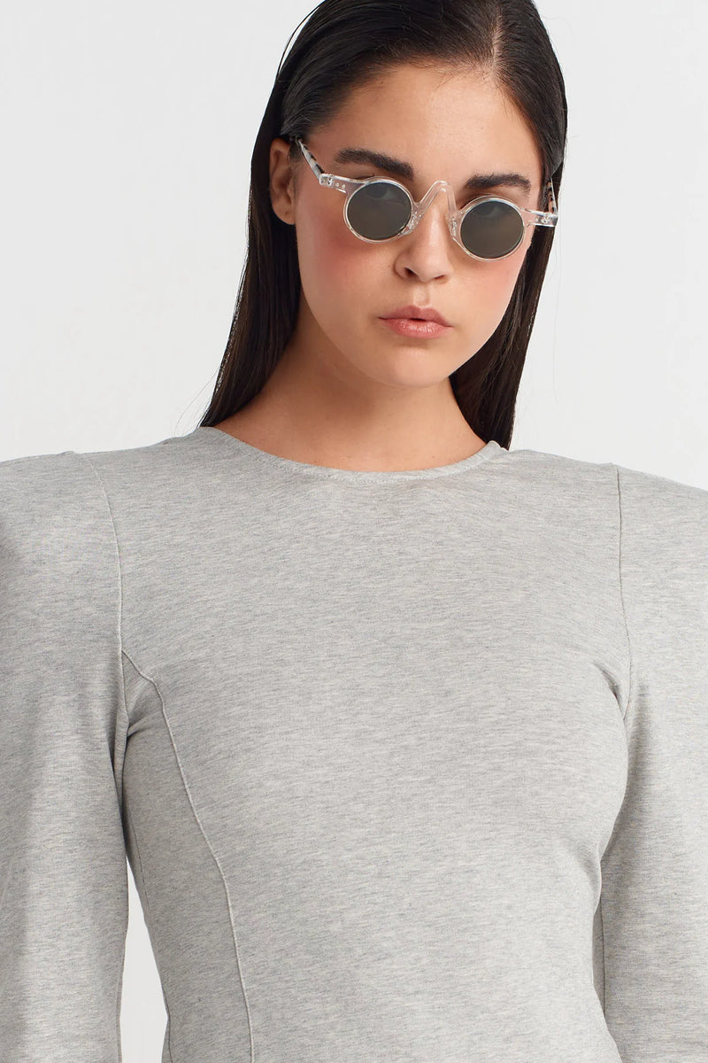 NU Long Fitted Dress With Shoulder Pads And Back Cut-Out Light Grey Melange