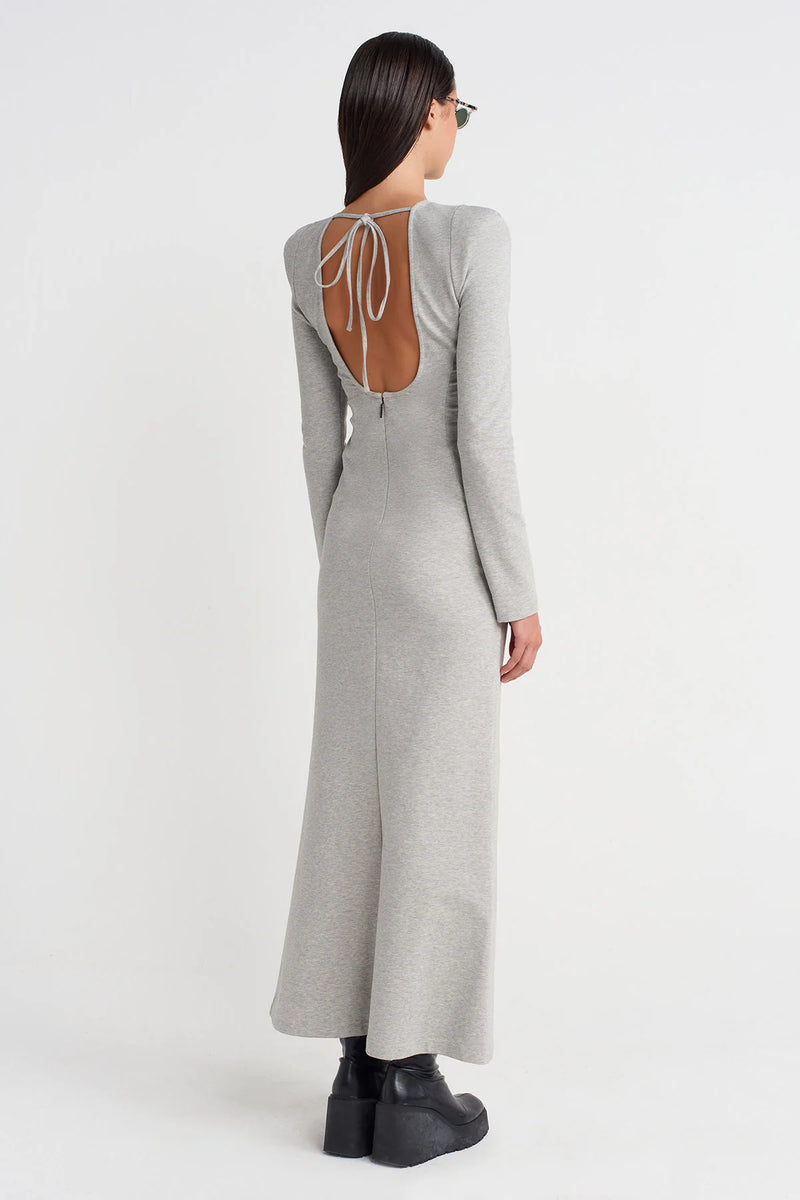 NU Long Fitted Dress With Shoulder Pads And Back Cut-Out Light Grey Melange