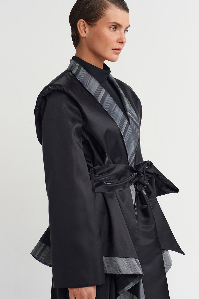 NU Stylish Kimono Jacket Grey Melange-Black