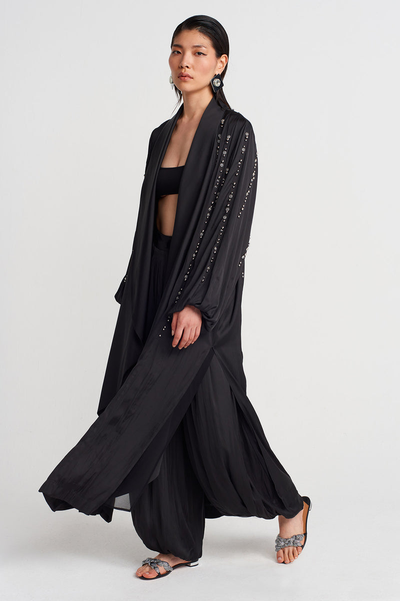 NU Embroidered Long Kimono With Shawl Collar Black