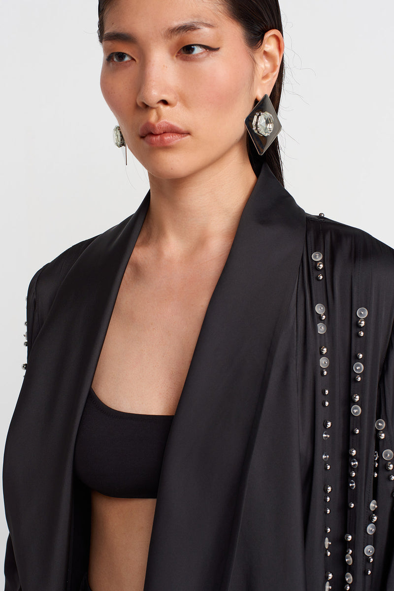 NU Embroidered Long Kimono With Shawl Collar Black