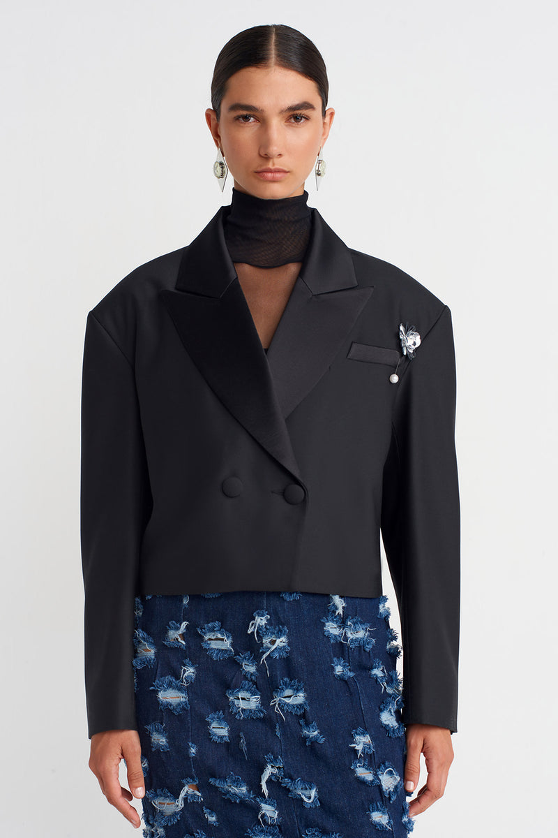 NU Cropped Blazer Jacket With Brooch Detail  Black