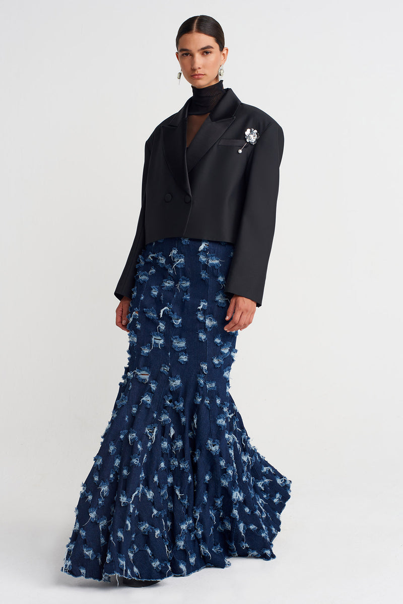 NU Cropped Blazer Jacket With Brooch Detail  Black