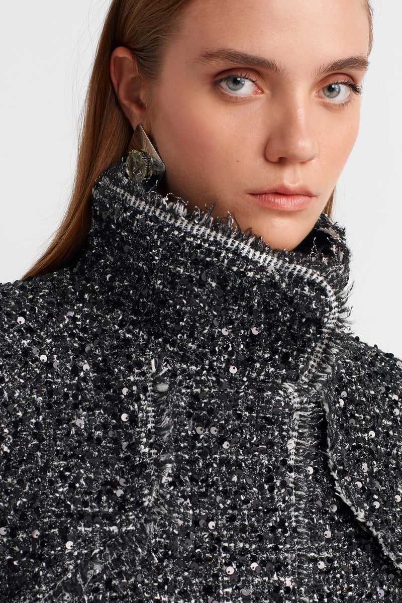 NU Sequined Cropped Jacket With Epaulettes Black/Offwhite